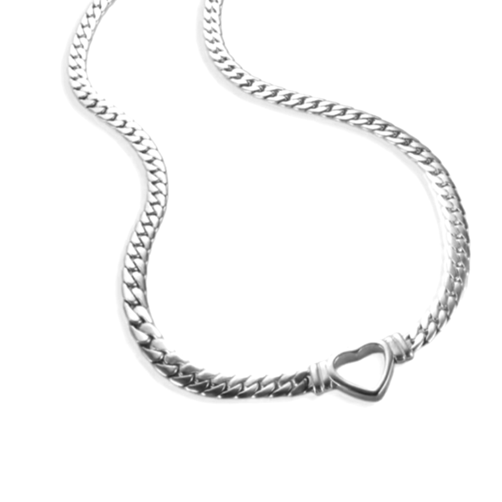 New 18K Silver Plated Heart Cuban Chain Necklace Stainless Steel Womens